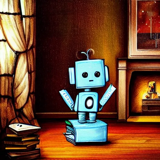 Prompt: “a lonely robot reads a book near a fireplace in a Victorian home.”