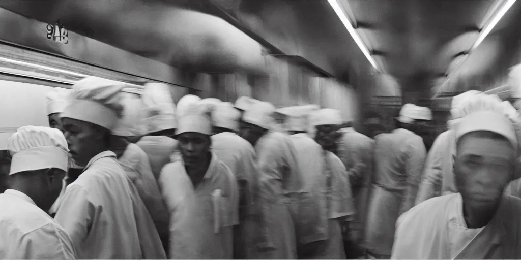 Prompt: cooks in long hats in the subway, by richard avedon, ominous lighting, tri - x pan stock