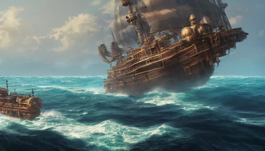 Image similar to A highly detailed matte painting of huge steampunk boat in the ocean, by Studio Ghibli, Makoto Shinkai, by Artgerm, by WLOP, by Greg Rutkowski, volumetric lighting, octane render, 4K resolution, trending on artstation, masterpiece