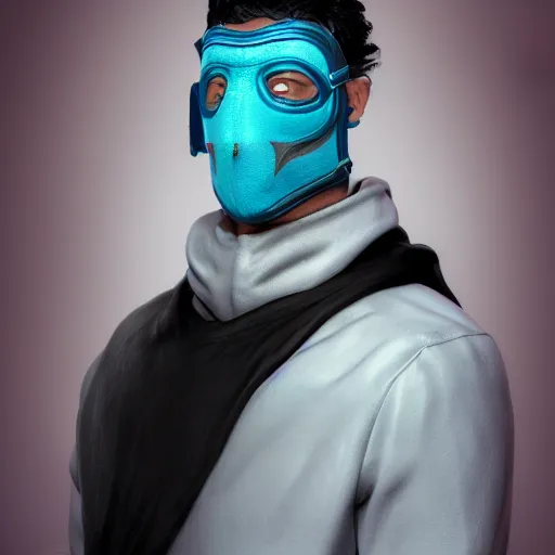 Image similar to a highly detailed, portrait of a man with black hair with a black medical mask, in a hood in the form of a blue shark with white teeth, artstation, DeviantArt, professional, octane render, digital art