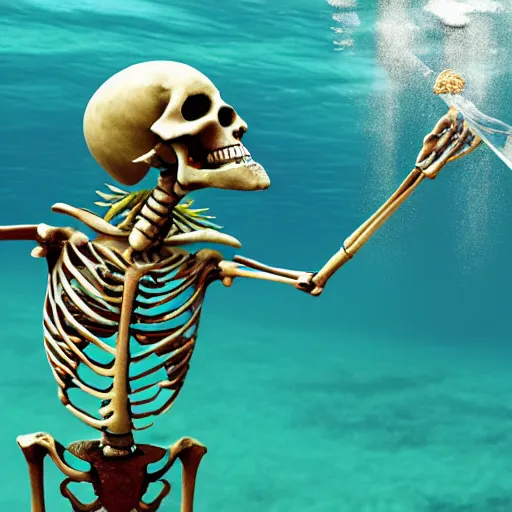 Prompt: a skeleton drinking scotch underwater