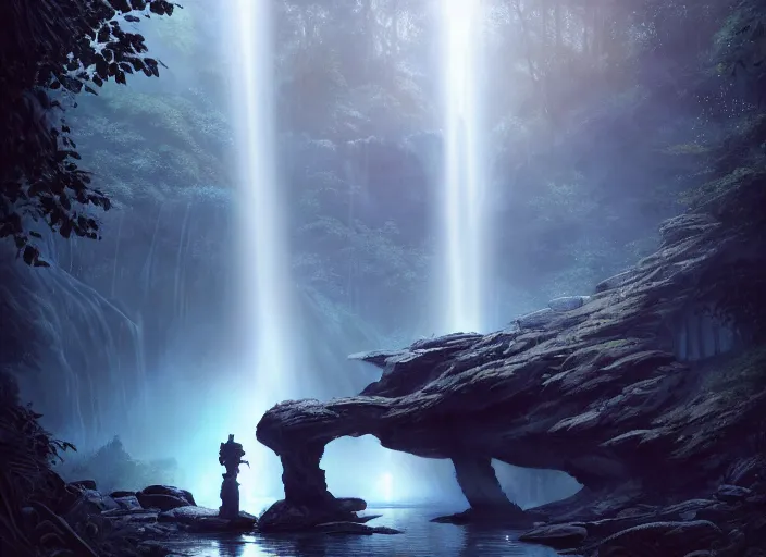 Image similar to detailed intricate digital illustration by greg rutkowski and artgerm and wlop and sanford robinson gifford ; 2 0 0 4 vehicle, glowing headlights, shimmering waterfall in background ; 1 3 mm film, close up head on arri alfa anamorphic lens ; sharp focus, bright morning lighting with shimmering highlights and rays of light, trending on artstation 4 k