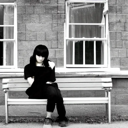 Prompt: emo goth girl sitting on a bench in front of a British house on a hot day, 2006, black hair