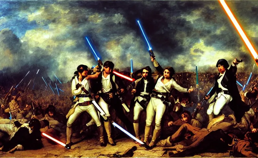 Image similar to liberty leading the people, french revolution, eugene delacroix, jedi, lightsaber, ewoks, endor forest, oil on canvas