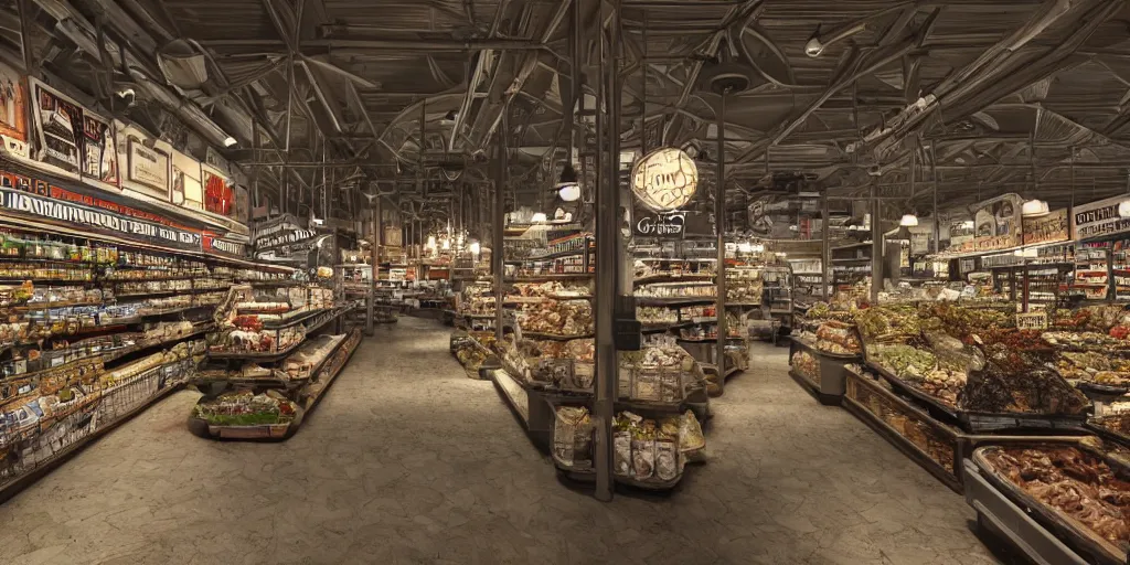 Image similar to deep 3 point perspective, seafood supermarket Inside the three-story gothic museum, dramatic lighting, photorealistic, wolumetric lighting, high detail, cinematic feel, wideshot, high octane, 4K, Unreal Engine, digital render, intricate, ultra realistic