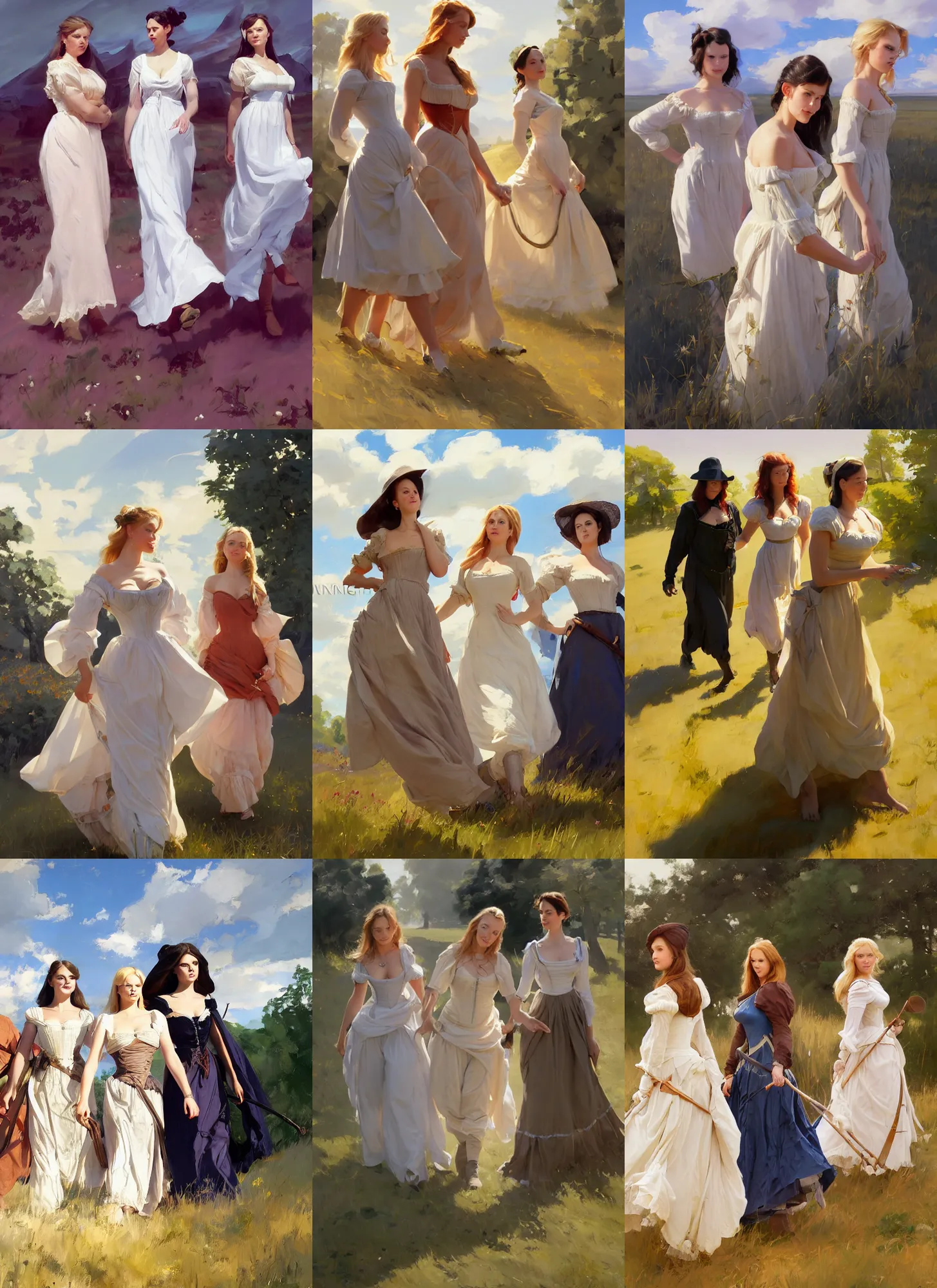 Image similar to three beautiful finnish norwegian swedish scandinavian attractive glamour models wearing 1 7 th century bodice with low neckline walking in the feild in a sunny day, jodhpurs greg manchess painting by sargent and leyendecker, studio ghibli fantasy medium shot asymmetrical intricate elegant matte painting illustration hearthstone, by greg rutkowski by greg tocchini by james gilleard