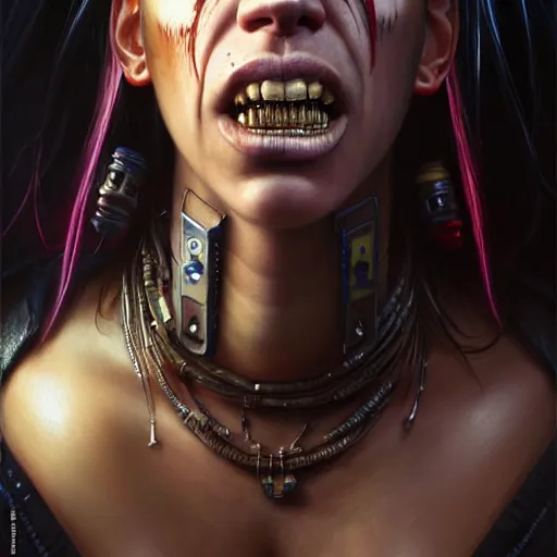 Image similar to portrait painting of a cyberpunk orc shaman extremely muscular ugly scarlett johansson with bad teeth, ultra realistic, concept art, intricate details, eerie, highly detailed, photorealistic, octane render, 8 k, unreal engine. art by artgerm and greg rutkowski and charlie bowater and magali villeneuve and alphonse mucha