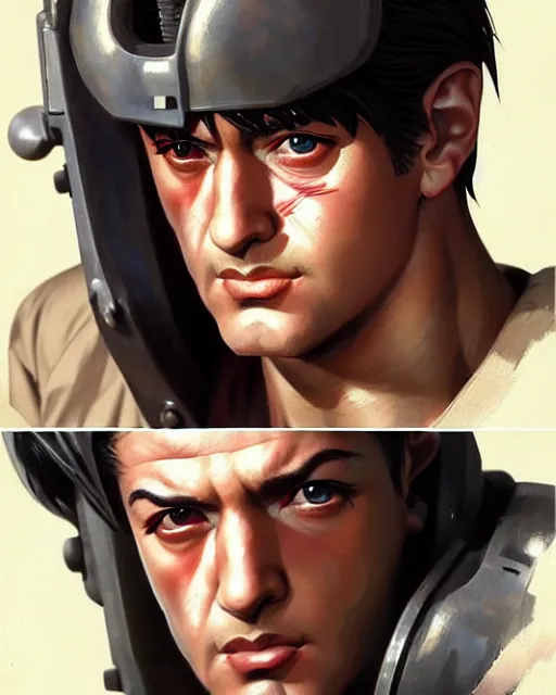 Image similar to portrait Anime 1940s Stallone Rambo Sharp fine face, realistic shaded Perfect face, fine details. Anime. cyberpunk realistic shaded lighting by katsuhiro otomo ghost-in-the-shell, magali villeneuve, artgerm, rutkowski Jeremy Lipkin and Giuseppe Dangelico Pino and Michael Garmash and Rob Rey