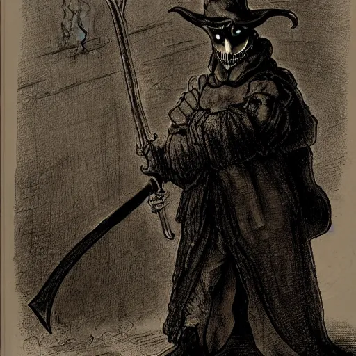 Prompt: plague doctor with a scythe, evil, monster character design, fantasy. by rembrandt, illustration, higly detailed