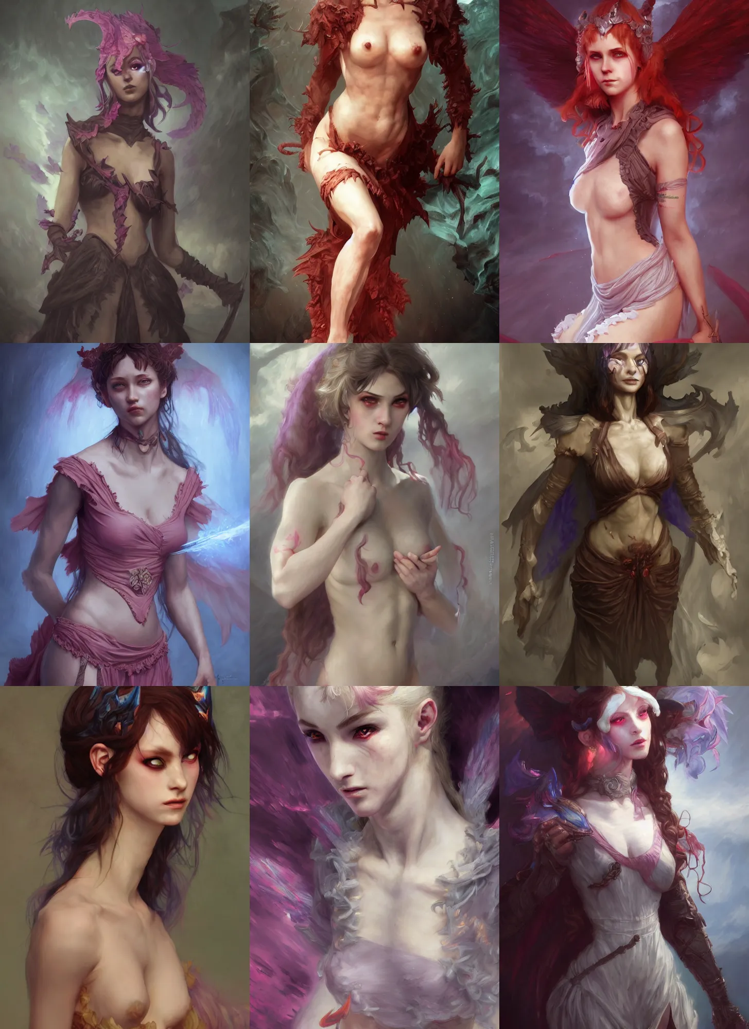 Prompt: fighting demon half human, frilly dress, hyper realistic, shy, extremely detailed, dnd character art portrait, fantasy art, dramatic lighting, vivid colors, deviant art, artstation, by edgar maxence, lois van baarle and bouguereau