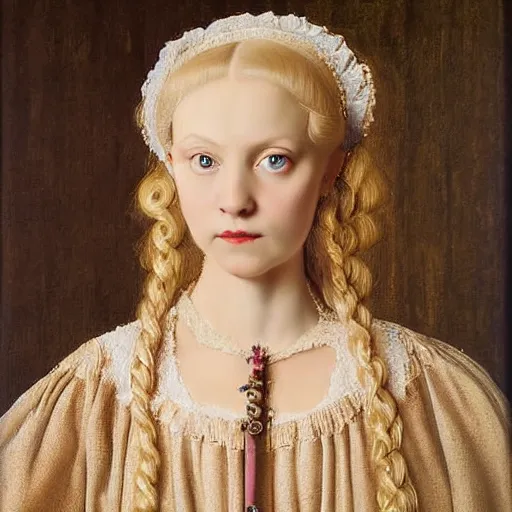 Image similar to blonde victorian princess, hyperrealism oil painting, jan van eyck