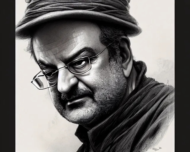 Image similar to portrait of salman rushdie, deep focus, d & d, fantasy, intricate, elegant, highly detailed, digital painting, artstation, concept art, matte, sharp focus, illustration, hearthstone, art by artgerm and greg rutkowski and alphonse mucha