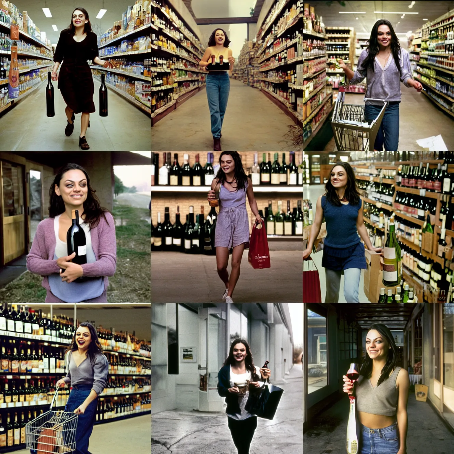 Image similar to face portrait of laughing Mila Kunis walking out of the grocery store holding bottles of wine, Gregory Crewdson, Joel Sternfeld