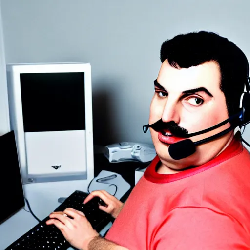 Prompt: obese Freddie Mercury wearing a headset yelling at his monitor while playing WoW highly detailed wide angle lens 10:9 aspect ration award winning photography by David Lynch esoteric erasure head