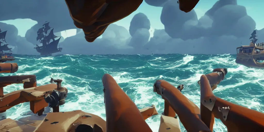 Prompt: a group of stingrays flying in the sky in a rough sea, sea of thieves style, greek temples flying, unreal engine, cinematic, waves, fog, clouds, rain