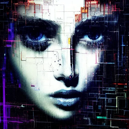 Prompt: hyperrealistic portrait of a young women with crystal eyes, wandering eyes, by Guy Denning, by Johannes Itten, by Russ Mills, glitch art, hacking effects, digital tech effects, cyberpunk, color blocking!, oil on canvas, intricate detail, concept art, abstract, detailed lines, clean, polished, symmetrical, octane, cgsociety, 8k, trending on artstation