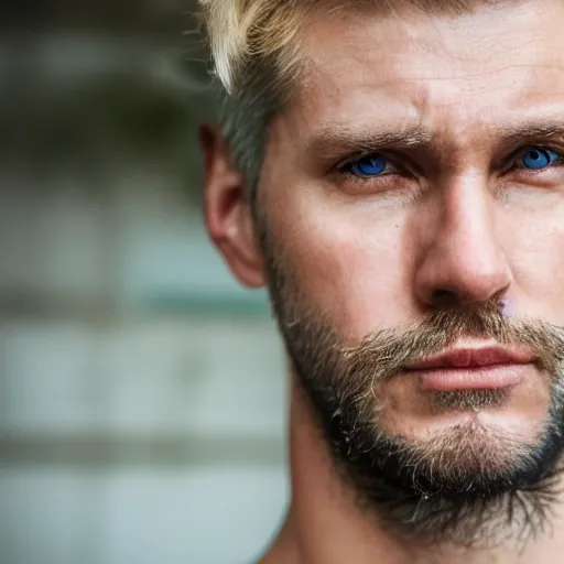 Image similar to close up of face of good looking 4 0 year old slavic blond man with blond stubble, very short wavy blond hair in a short pompadour style, pale skin, very dark blue eyes, hairy shoulders, hairy chest, portrait, 4 k