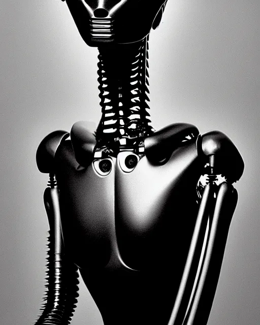 Prompt: a beautiful young female bio - mechanical robot with long neck, by caravaggio, by h. r. giger, glamor shot, tri - x 4 0 0 tx, closeup, blur effect, high contrast, 1 6 k, rim lights, rembrandt lighting, reflective, insanely detailed and intricate, hypermaximalist, elegant, ornate, hyper realistic,