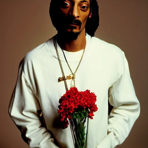 Prompt: cyperpunk Snoop Dogg holding a Vase of flowers for a 1990s sitcom tv show, Studio Photograph, portrait, C 12.0