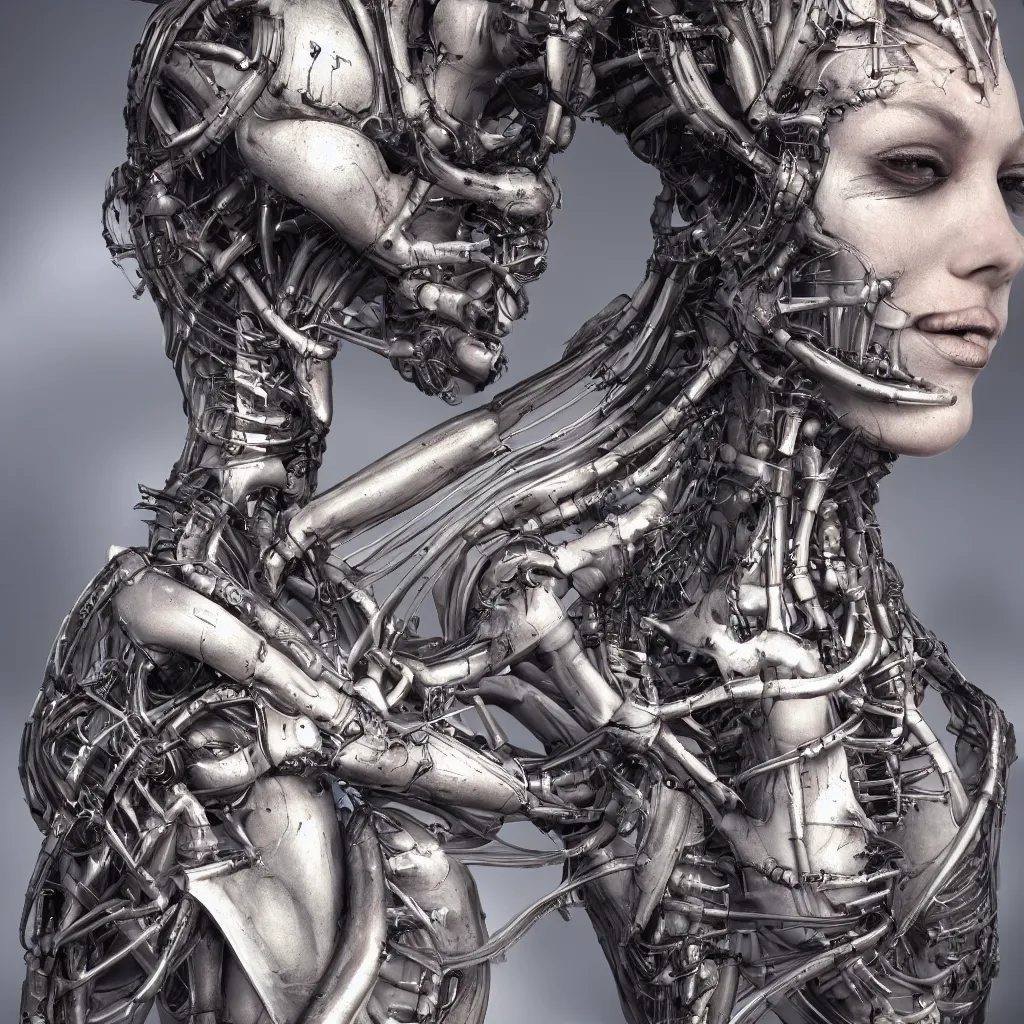 Image similar to a beautiful female is infected with a biomechanical suit, octane render, hyper realistic, art by hr giger, full profile, multiple angles