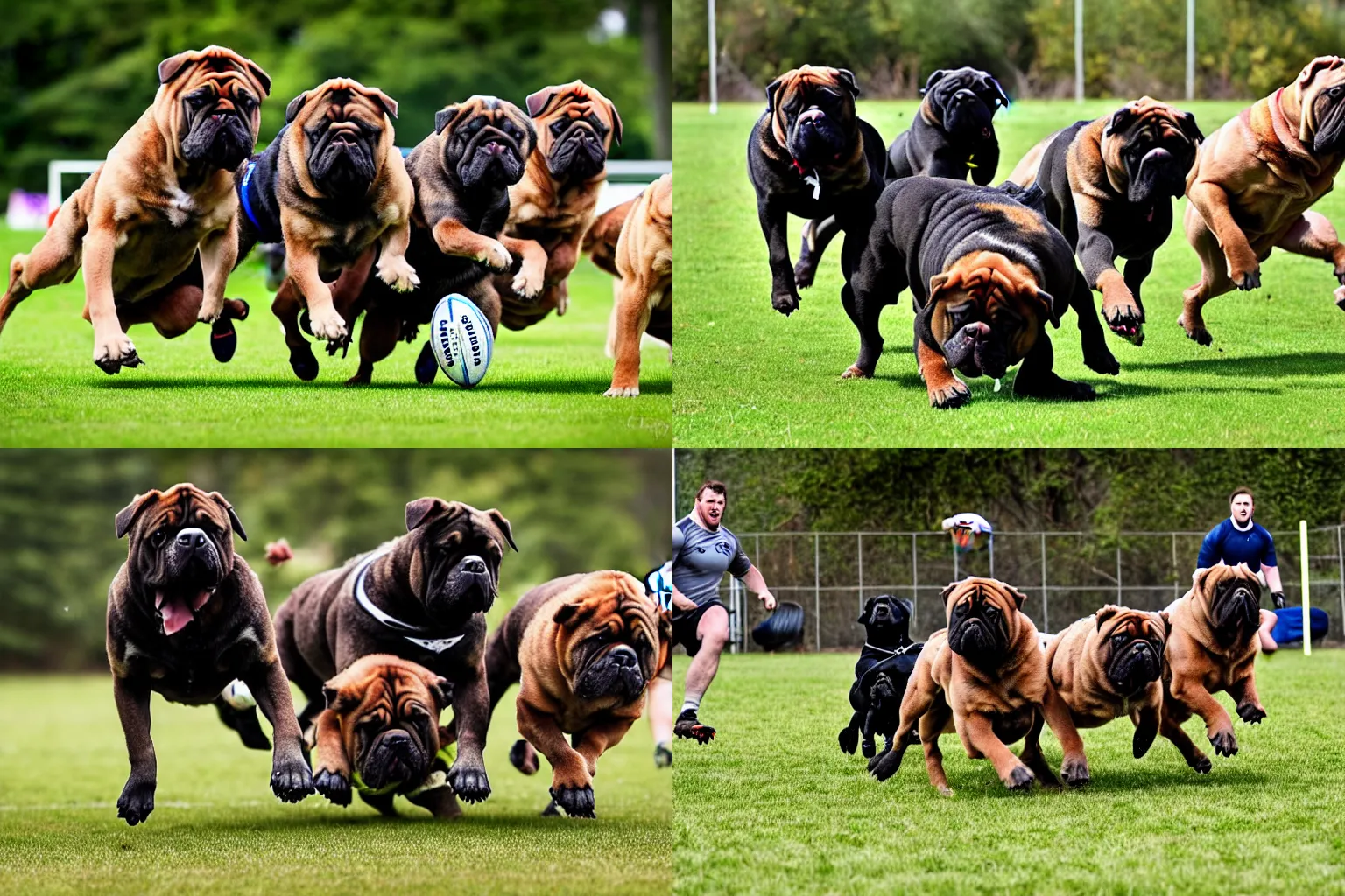 Prompt: A pack of bullmastiffs playing rugby. Dogs, canines. Sports photo.