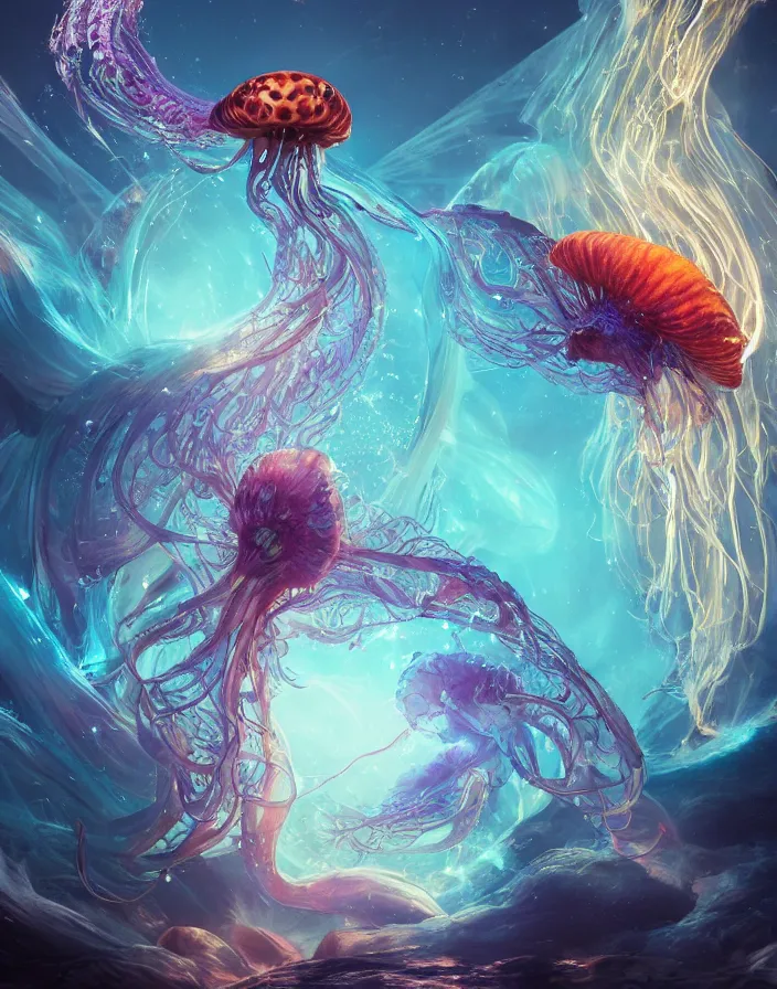 Prompt: goddess portrait, jellyfish phoenix dragon, butterfly squid, burning halo, intricate artwork by Tooth Wu and wlop and beeple, greg rutkowski, very coherent symmetrical artwork, cinematic, hyper realism, high detail, octane render, unreal engine, 8k, Vibrant colors, Smooth gradients, High contrast, depth of field