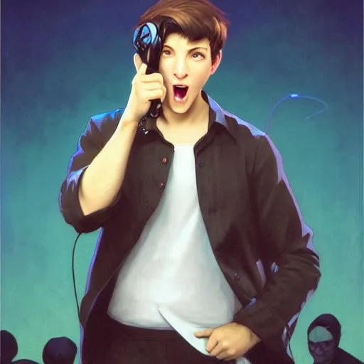 Image similar to a handsome young man with sandy brown hair and blue eyes singing into a neon blue microphone headset posing on stage. dynamic!! pose. gesture drawing. concert. cinematic lighting. wide shot photorealistic. hyper realism. ray tracing hdr. intricate detailed masterpiece. by bouguereau and shigenori soejima ruan jia. lifelike.