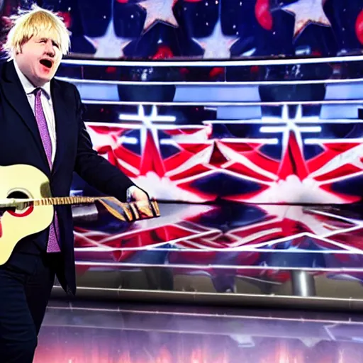 Image similar to boris johnson singing with a microphone on americas got talent, tomatoes and anchors being thrown at him, 4 k photograph