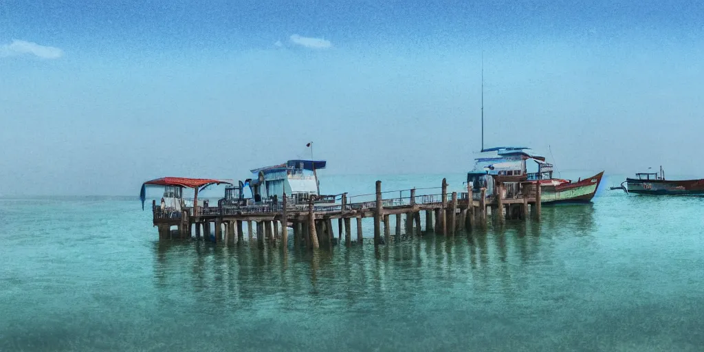 Prompt: pulau indah jetty, boat in foreground, near a fishing town, early morning, detailed matte painting, low angle view, telephoto lens, bokeh, studio ghibli, artstation