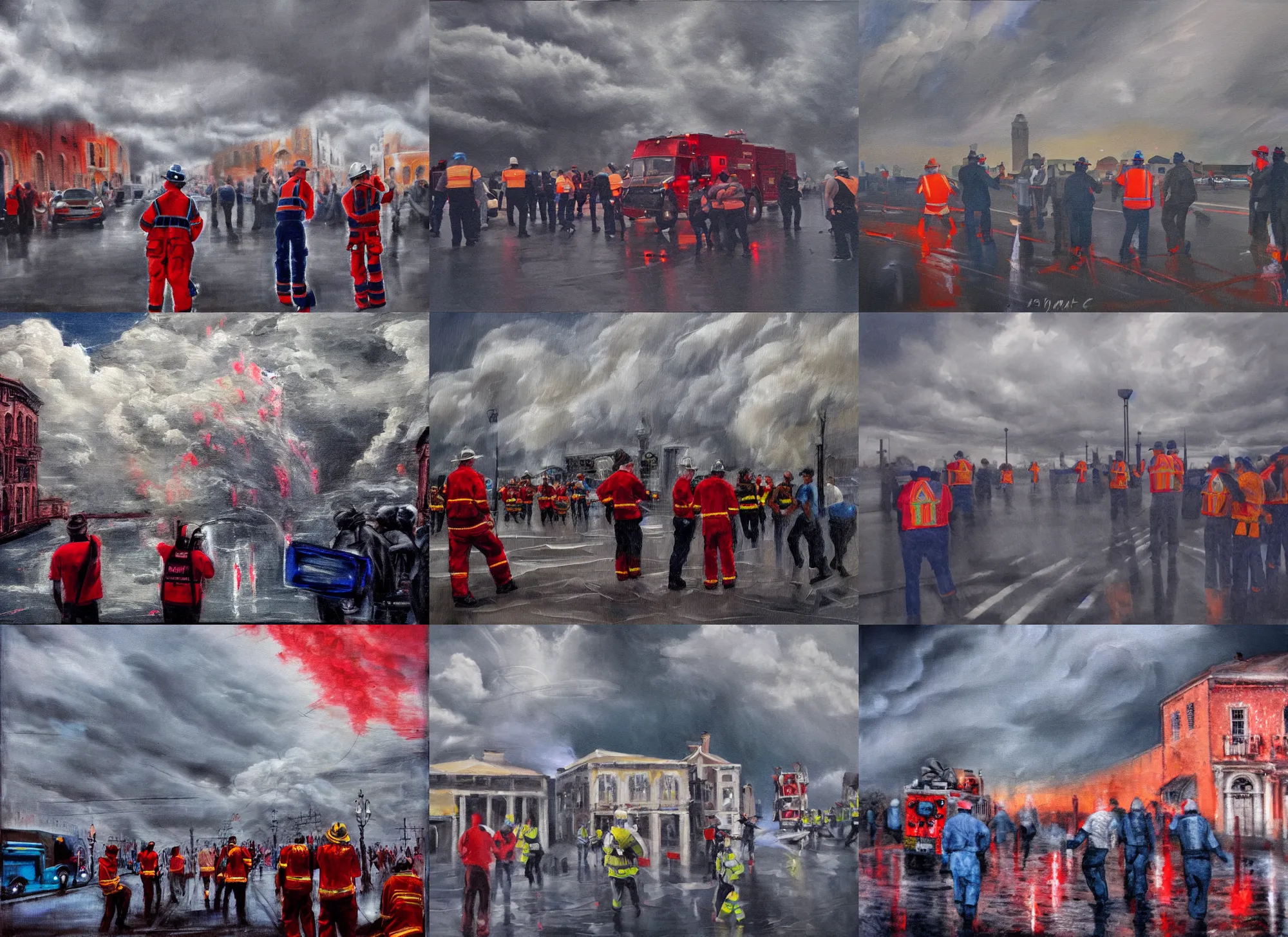 Prompt: fema magicians in safety vests fighting a hurricane, telephoto, painting in luminist style, romanticist style, magic, sirens, flares, firetrucks, cityscape, foreboding, clouds, figurative art, crowds, sirens, flares, gritty, payne's grey, venetian red, cerulean blue