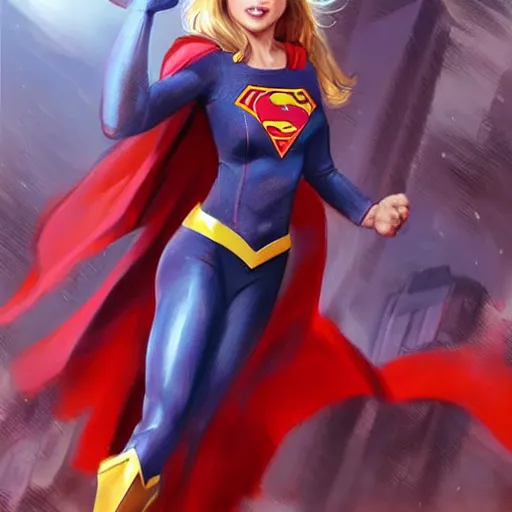 Image similar to Full body portrait of Supergirl by Stanley Artgerm Lau, WLOP, Rossdraws, Frank Frazetta, Andrei Riabovitchev, Marc Simonetti, trending on artstation.