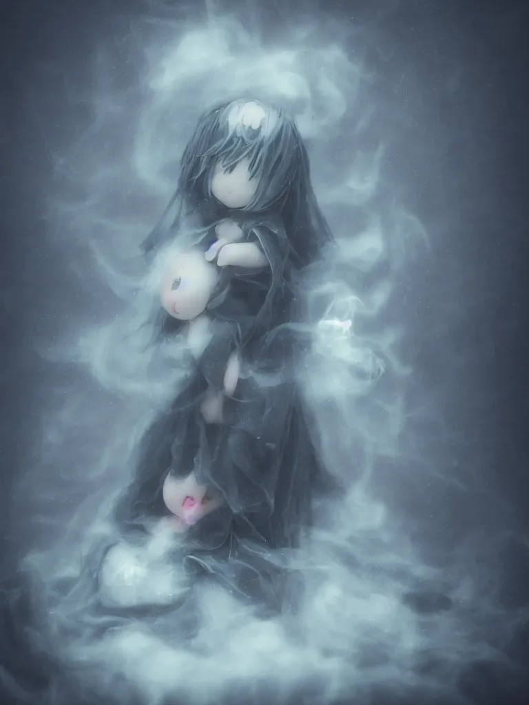 Image similar to cute fumo plush of a cursed frail witch girl held tight in the arms of a translucent ghost mother, hugging and cradling, anime, eerie pretty melting volumetric smoke and fog, dark environment map pbr reflective stormy water, gothic maiden, bokeh, vignette, vray