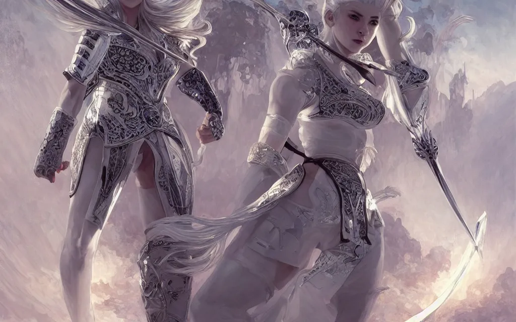 Image similar to white hair knights of zodiac girl, sliver ice color reflected armor, taekwondo fighting in ruined agora of athens sunset, ssci - fi and fantasy, intricate and very very beautiful and elegant, highly detailed, digital painting, artstation, concept art, smooth and sharp focus, illustration, art by tian zi and wlop and alphonse mucha