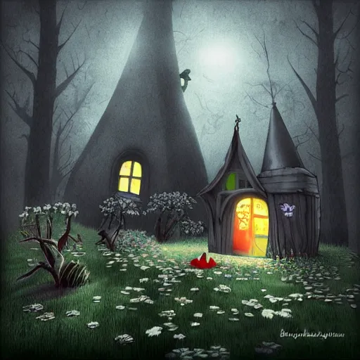 Image similar to realistic moomin house in haunted forest, creepy ambiance, digital painting