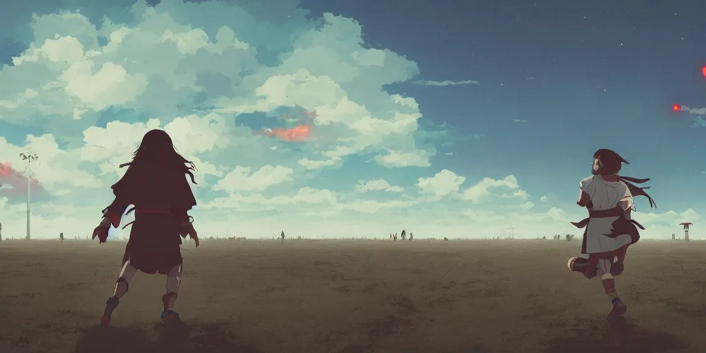 Image similar to Rule of Thirds focusing on Jesus christ representing a samurai running, jesus happy, Portrait, Very Cloudy Sky, Sun, Neon Lights, Rule of Thirds, perspective, Retrofuturism, Studio Ghibli, Simon Stålenhag