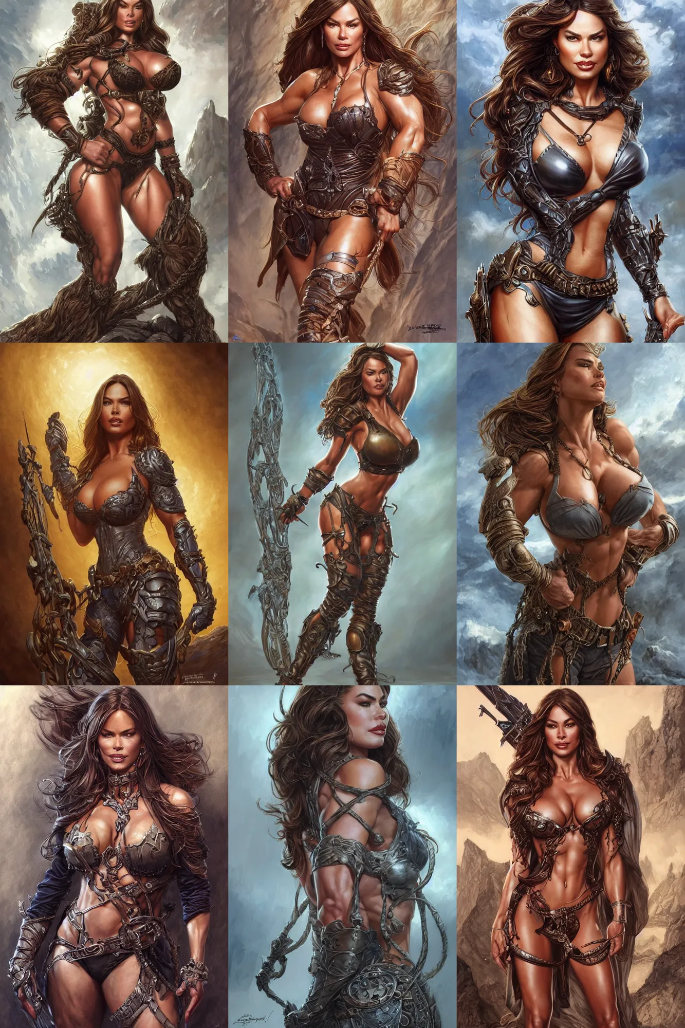 Prompt: muscled Sofía Vergara as a ruggedly handsome heroine, intricate, elegant, highly detailed, centered, digital painting, artstation, concept art, smooth, sharp focus, illustration, art by artgerm and donato giancola and Joseph Christian Leyendecker, Ross Tran, WLOP