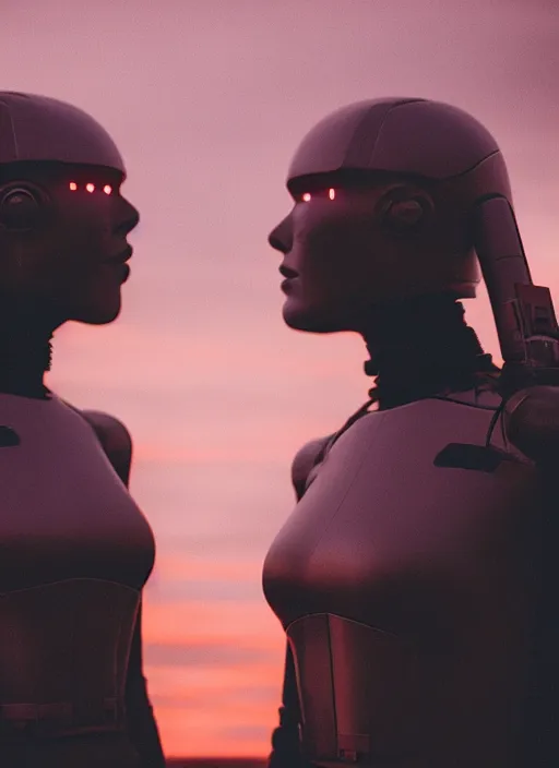 Prompt: cinestill 5 0 d photographic portrait of two loving female androids wearing rugged black techwear on a desolate plain with a red sky, extreme closeup, cyberpunk style, garters, body suits, dust storm, 8 k, hd, high resolution, 3 5 mm, f / 3 2, ultra realistic faces, ex machina