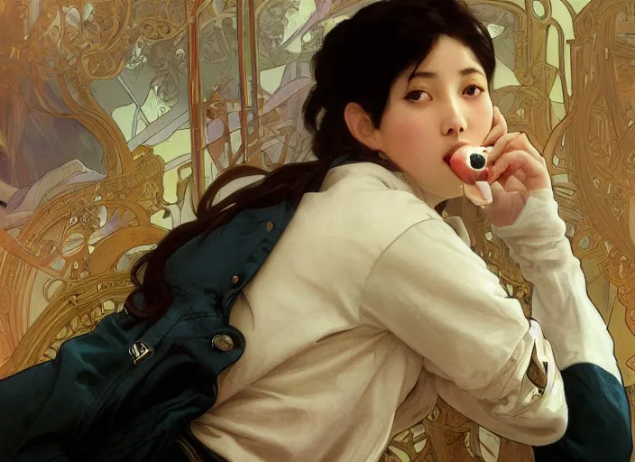 Image similar to Asian Italian young woman wearing cream jacket and navy active adidas pants, drinking vanilla shake and eating fries with ketchup, sigma female, accurately portrayed, portrait art by alphonse mucha and greg rutkowski, highly detailed, digital painting, concept art, illustration, trending on artstation, very detailed, smooth, sharp focus, octane render, close up