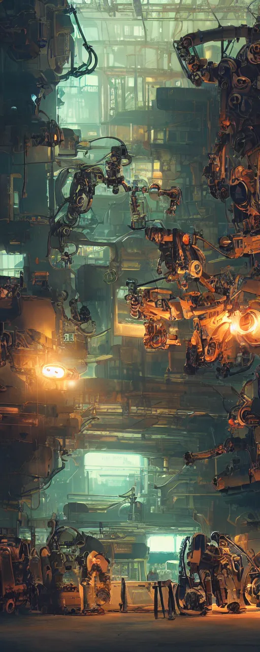 Prompt: concept art, realistic dieselpunk robot repair workshop, neon glow, volumetric lighting, strong shadows, reflections, high contrast, glowing robot motifs, octane render, curves, bladerunner, loish, syd mead, akihiko yoshida, cinematic