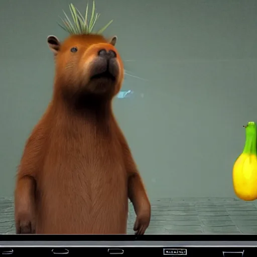 Prompt: capybara with a banana on its head. screenshot from max payne game