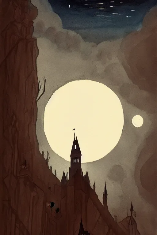 Image similar to a poster style painting of at night, a gothic castle on a cliff with a starry moon 🌙 in the background ， by abigail larson, 8 k, hd, artstation