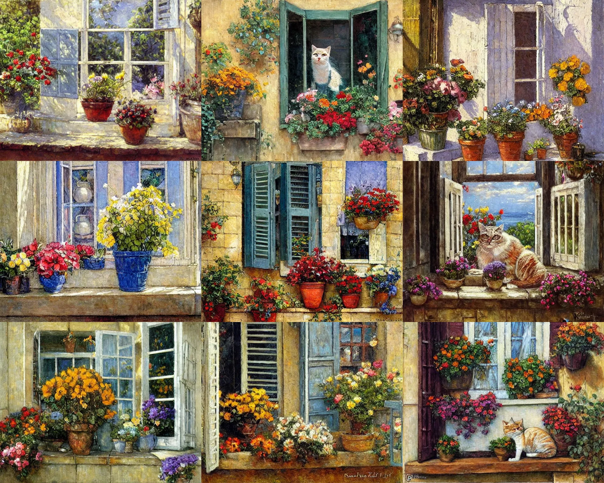 Prompt: Clasped cat!!! in the center of the composition stands on the window sill, flower pots, flowers, shutters, bright sun, pale colors, calm, peaceful, oil painting by Ralph Hedley and Ted Nasmith and Jean-Pierre Gibrat