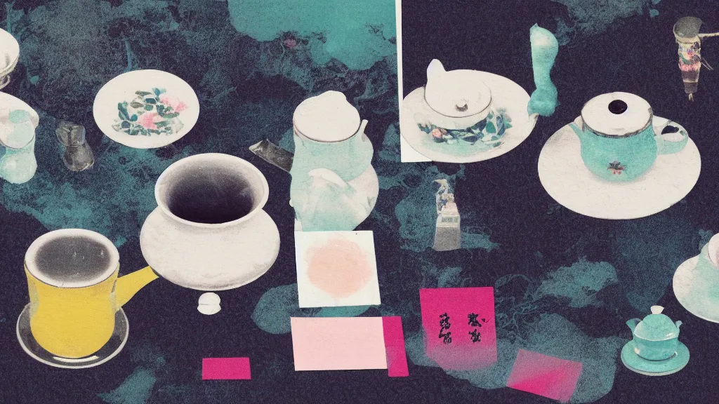 Image similar to a small tea setting, japan, a collage painting, in the style of wes anderson, lola dupre, david hockney, isolated on negative white space background dark monochrome neon spraypaint accents volumetric octane render