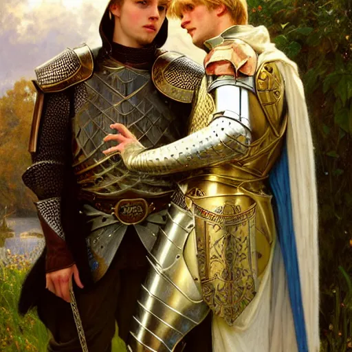 Image similar to attractive arthur pendragon and his favourite attractive male knight, they are in love, camelot, natural lighting, path traced, highly detailed, high quality, digital painting, by gaston bussiere and ross tran and j. c. leyendecker and alphonse mucha