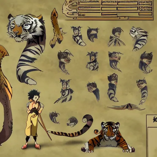 Image similar to Tiger man inspired by Studio Ghibli, Character reference Sheet