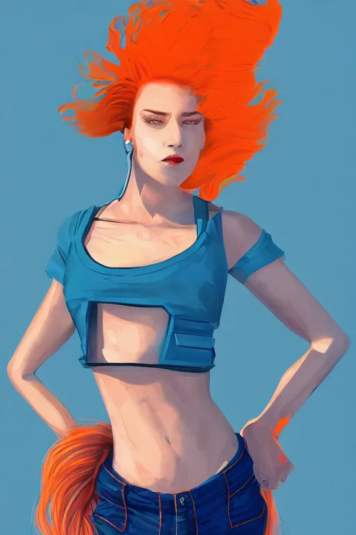 Image similar to a award winning half body portrait of a beautiful caucasian woman in a croptop and cargo pants with ombre orange blue teal hairstyle with head in motion and hair flying by will eisner, outrun, vaporware, digital art, trending on artstation, highly detailed, fine detail, intricate