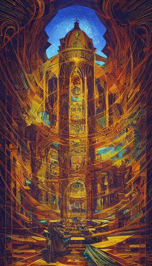 Image similar to The cathedral of ancient prophecies and wisdom, italian futurism, Dan Mumford, da vinci