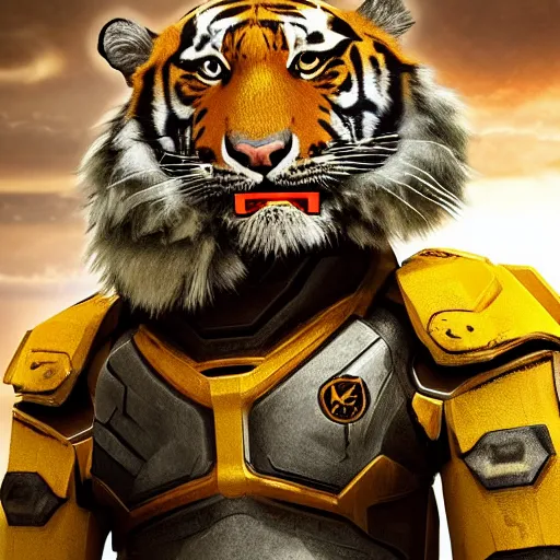 Prompt: humanoid with tiger-like features in futuristic space armor with force fields, yellow eyes, teeth that protrude past the lower lip and fine grayish fur on their faces and backs of their hands and carrying weapons, octane,