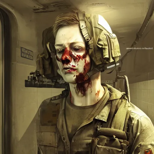 Image similar to an modern soldier in a new york subway in a zombie apocalypse, au naturel, hyper detailed, digital art, trending in artstation, cinematic lighting, studio quality, smooth render, unreal engine 5 rendered, octane rendered, art style by klimt and nixeu and ian sprigger and wlop and krenz cushart