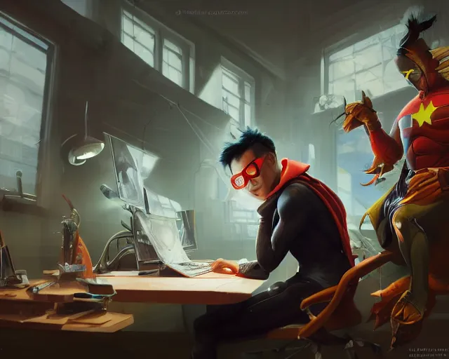 Image similar to an insanely detailed painting of a nerdy asian man wearing a superhero costume, sitting at a desk, staring at the nervously at the computer and typing, in the style of peter mohrbacher, dramatic lighting and composition, surreal background, octane render, pixar, trending on artstation, concept art, comic book, view from behind